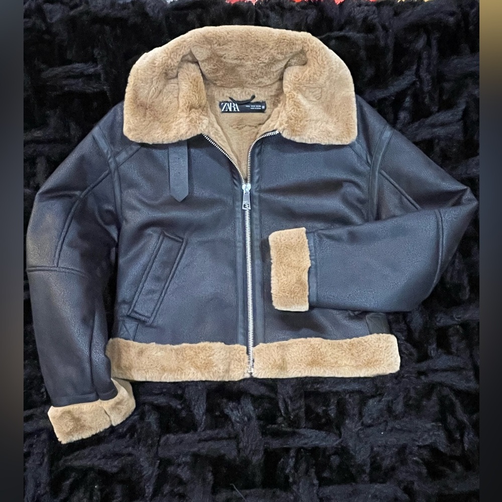 ZARA - Black Jacket with Brown Faux Fur
Trim (Reversible)